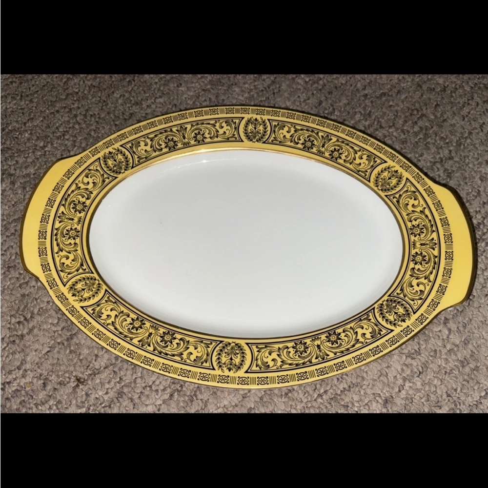 Vintage Golden Damask Porcelain Serving Platter Gold Trim Oval Tray 10x14.5